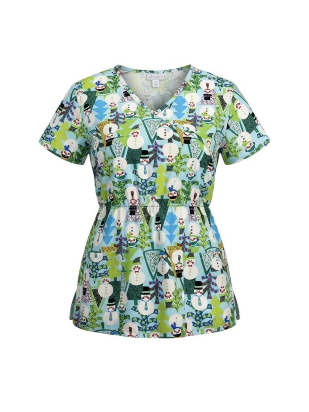 Serene Uniforms Womens Snowman Print Scrub Top V-Neck Short Sleeve Size M